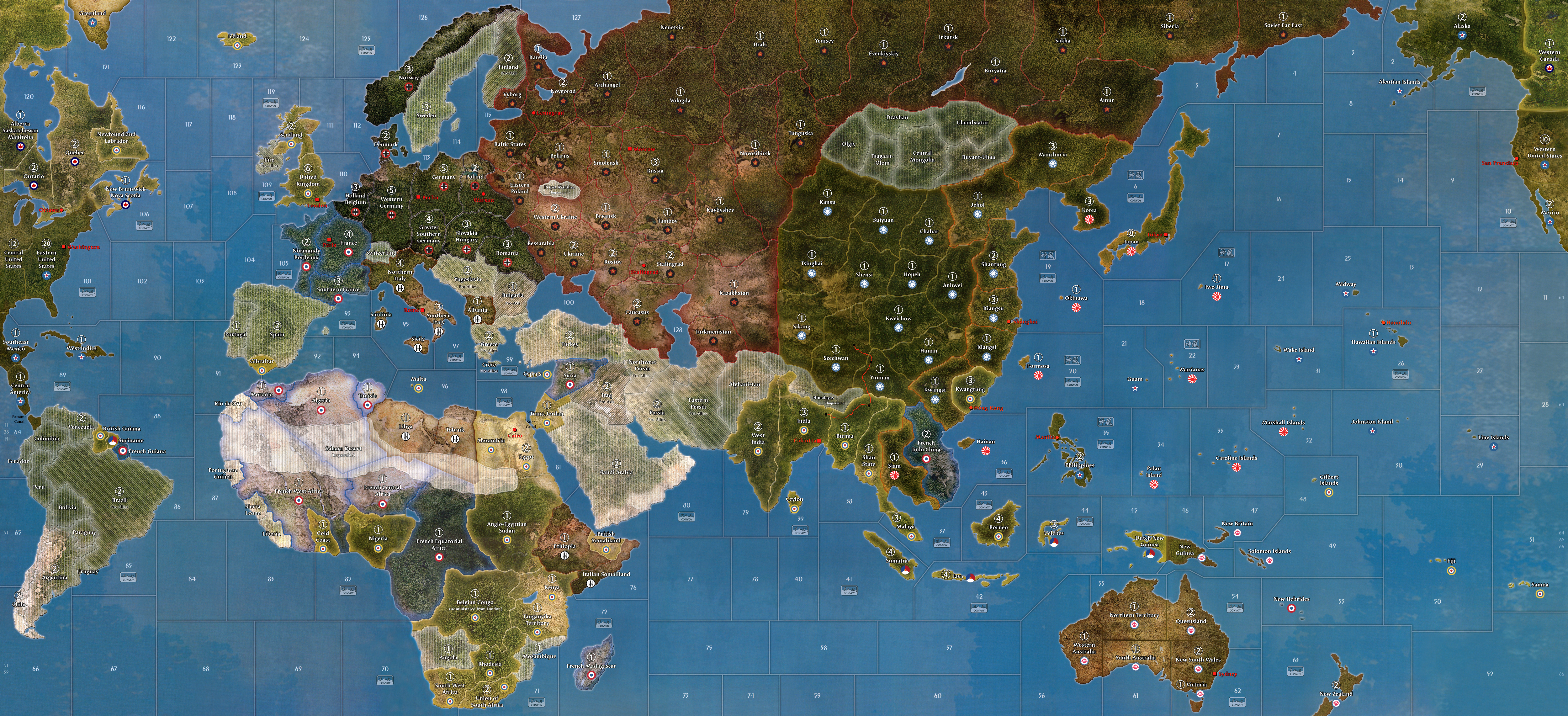 Map of Axis And Allies 1940 Global with icons and an IPC tracker.